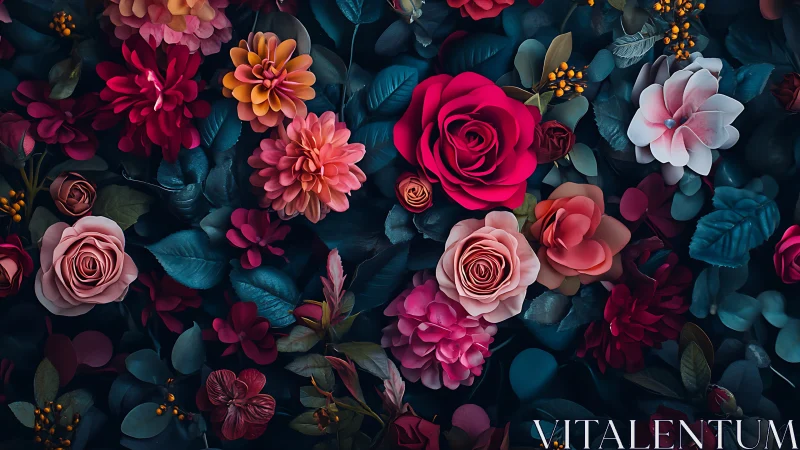 Vibrant Floral Arrangement Against Dark Teal Background.