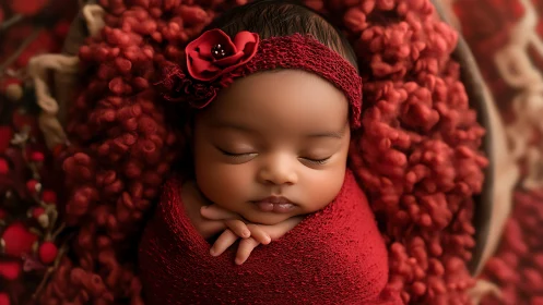 Sleeping newborn wrapped in crimson, textured headband adorned with flower.