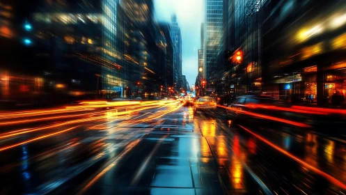Long exposure captures wet city street with linear light trails