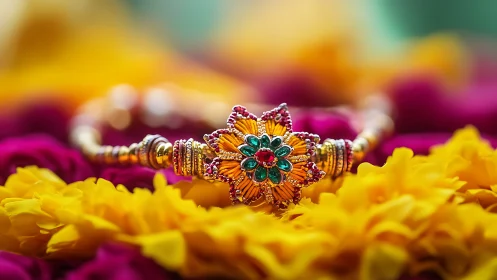 Floral jeweled bracelet glowing among bright festival blooms.