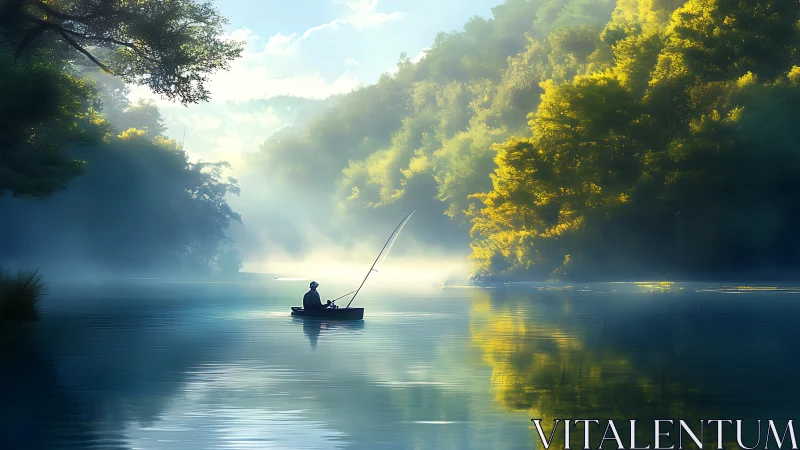 Quiet morning fishing on a misty, sunlit forest lake.