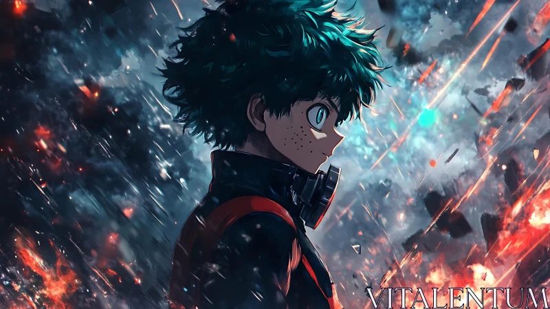 Profile portrait of teal haired anime teen amid explosive debris