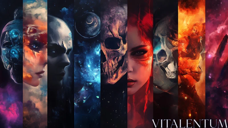 Segmented cosmic portraits with skull motifs, digital painting.