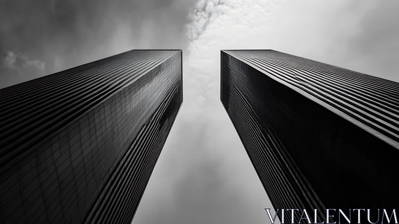 Twin high-rise towers in monochrome vertical perspective.