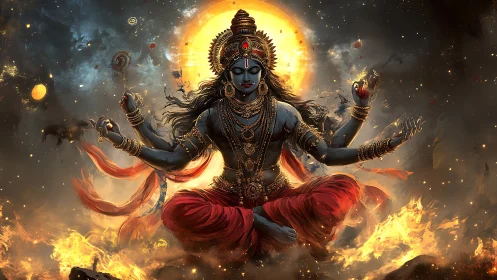 Radiant deity rests in fiery cosmic calm and timeless grace