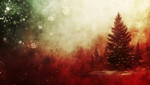 Snowy Christmas trees glowing in soft holiday light.