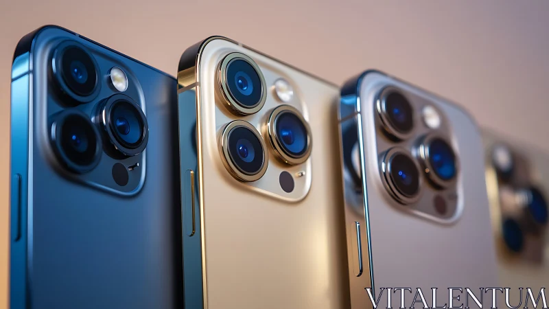 Triple-lens smartphones aligned in glossy gradient light.
