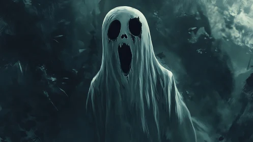 Monochrome spectral figure in atmospheric horror digital painting.