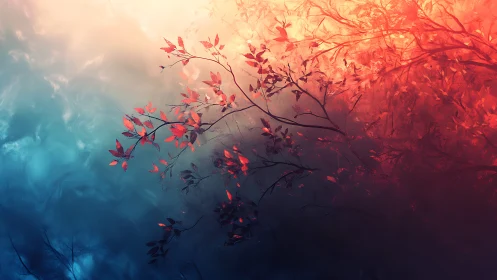 Dreamy Autumn Branches Over Blue and Orange Abstract Background.