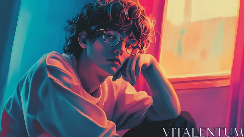 Seated youth in glasses near window under vivid lighting.