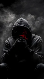 Hooded figure in smoke with red glow obscuring facial area.