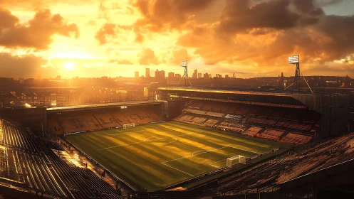 Sunlit football stadium stands empty under dramatic sky