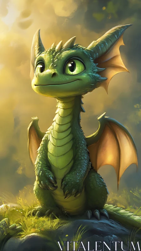 Green juvenile dragon rendered in soft backlit fantasy scene.
