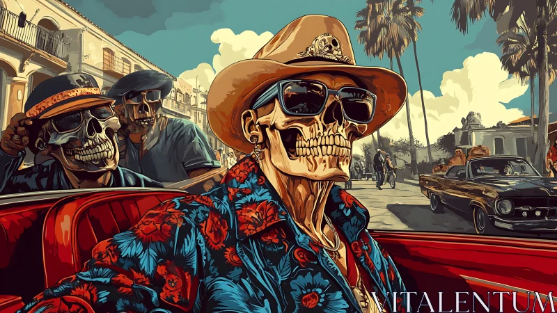 Skeleton cabriolet cruise under vintage palm boulevard.