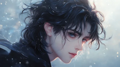 Young androgynous character with wet dark hair looks back