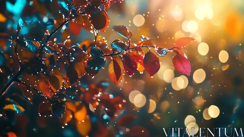 Backlit dew-laced foliage under shallow-depth bokeh field.