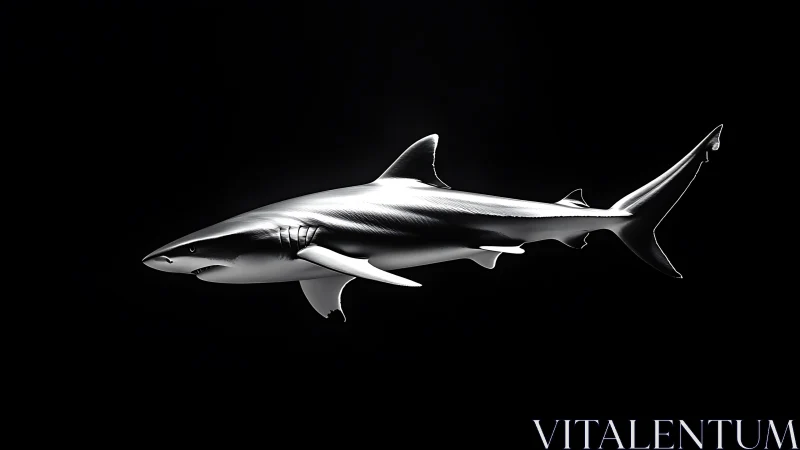Sleek silver shark glides calmly through deep black water