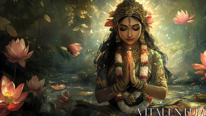 Divine meditative goddess amid glowing lotus pond and foliage
