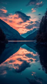 Twilight mountains mirror flaming clouds on glassy alpine lake.