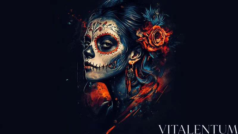 Midnight Catrina ignites with blazing florals and shadowed fire.