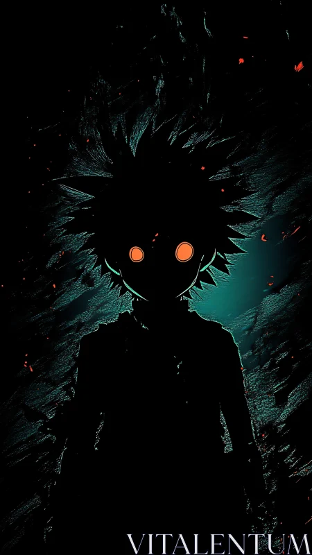 Silhouetted anime figure with glowing orange eyes in void.