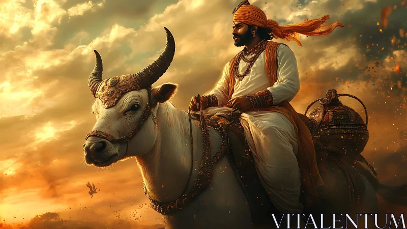 Regal rider on decorated white bull at dramatic sunset.