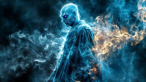 Frostfire specter pauses mid-stride as blue embers whisper