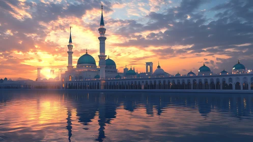 Sunset-illuminated domed mosque complex over reflective water.