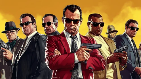 Cool suited crew stands united under bold golden skies.