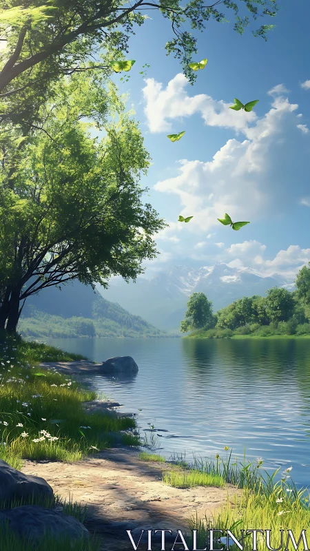 Riverside path with trees, butterflies and distant mountains.