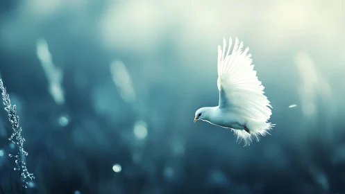 Moonlit dove drifts through frosted blue hush of dawn.