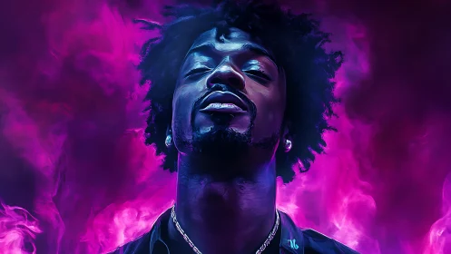 Portrait shows stylized man against vivid purple smoke background