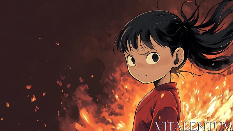 Fiery young hero standing strong against glowing embers.