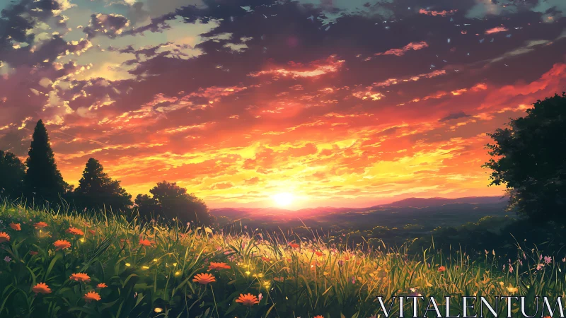 Sunset over wildflower hillside and distant forest horizon.