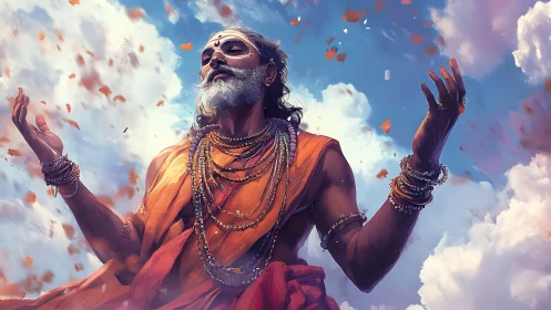 Skyborne mystic in saffron robes greeting drifting petals.