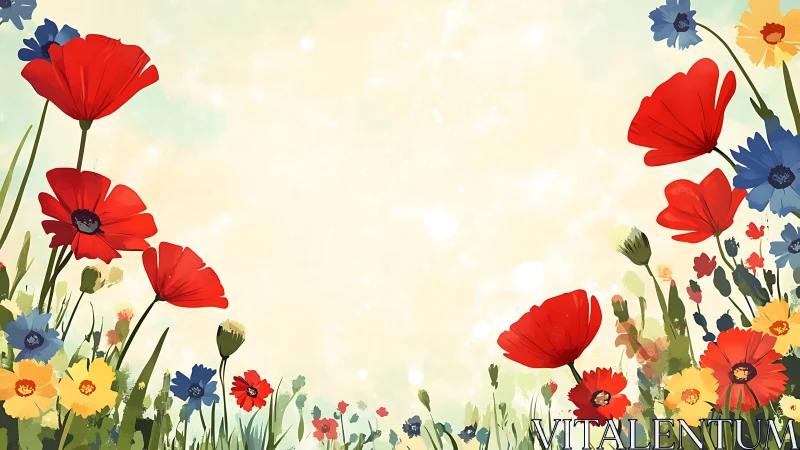 Wildflower meadow border frames sunlit pastel sky.