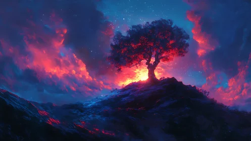 Radiant lone tree glowing against a dreamy twilight sky.