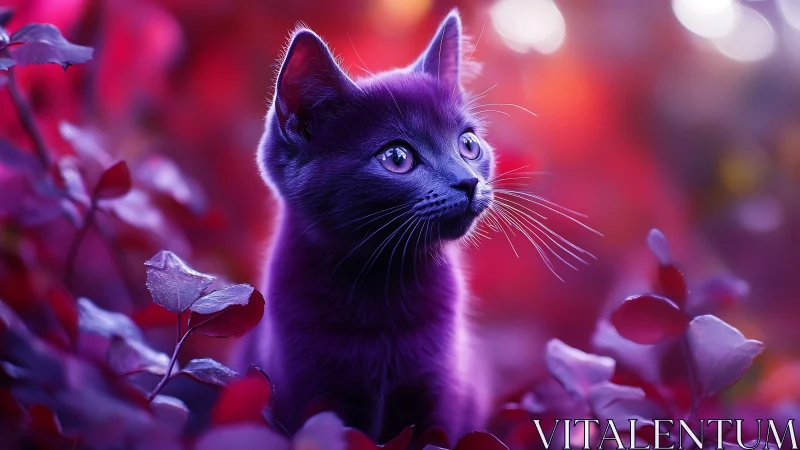 Purple Cat Among Vibrant Floral Blooms.