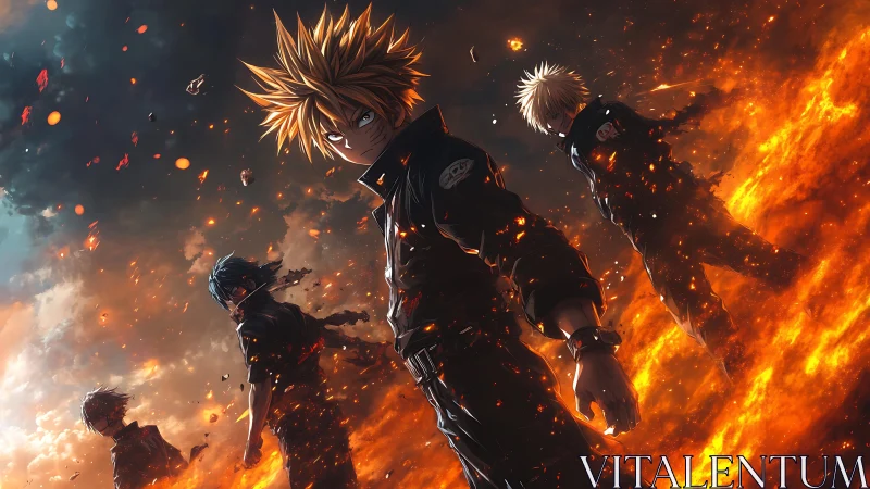 Dynamic anime squad in volcanic battlefield composition.