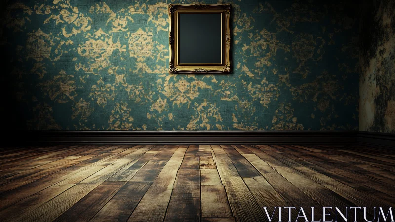 Empty gilded frame hangs in a worn vintage interior room.
