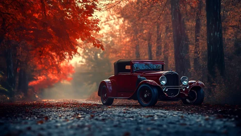 Crimson roadster lingering under a forest of burning leaves.