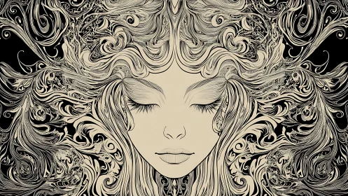 Symmetrical line-art portrait shows ornate swirling vector filigree hair