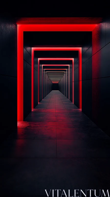 Endless neon corridor glows with intense red geometric light