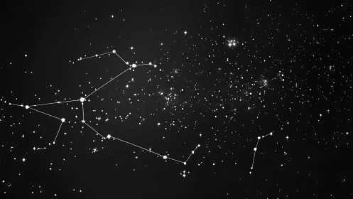 Star field with outlined constellations on dark sky background.