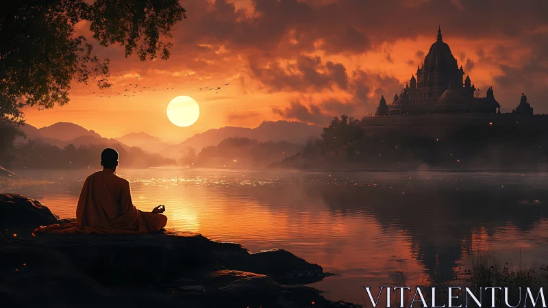 Sunset temple listens quietly while monk polishes silence