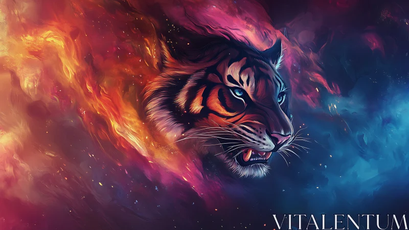 Tiger head rendered in swirling red and blue digital nebula