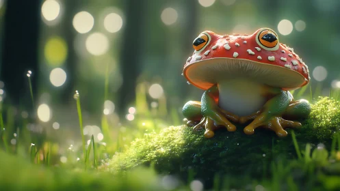 Bright-eyed forest frog resting on a dreamy mossy log.