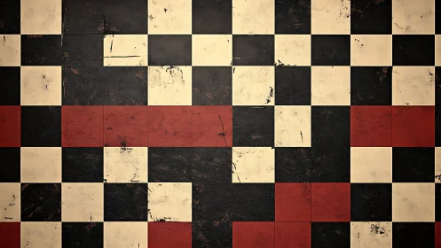 Vintage checkered floor with distressed red accent tiles, grunge style.