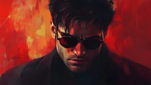 Brooding figure in red light with quiet, cinematic intensity.