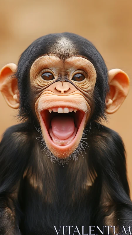 High-detail close-up of young chimpanzee with wide open mouth